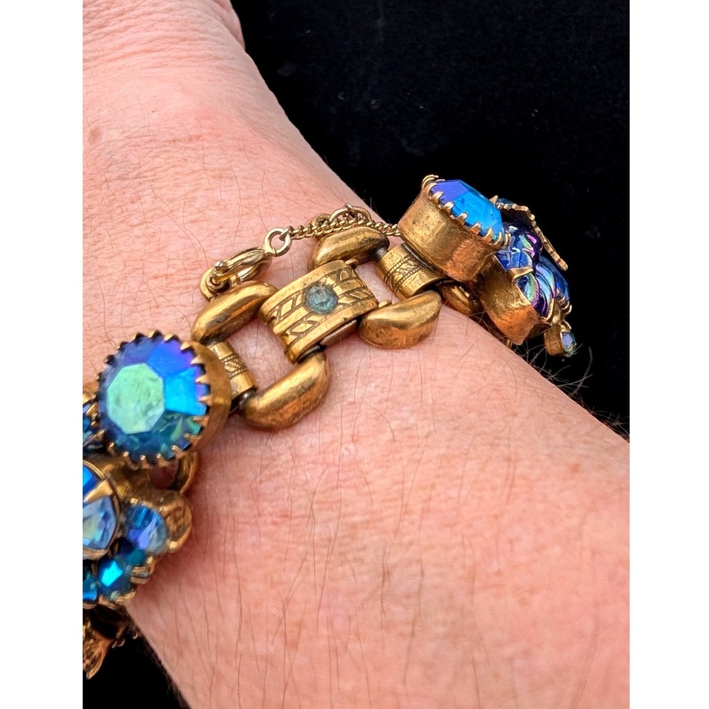 Vintage Blue Aurora Borealis Crystal Floral Gold Tone Bracelet Safety Chain - Picture 4 of 4